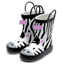 Kids black white zebra rubber rain boot
