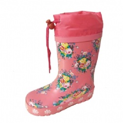 Kids wholesale pink flower rubber rain boot welly with cuff